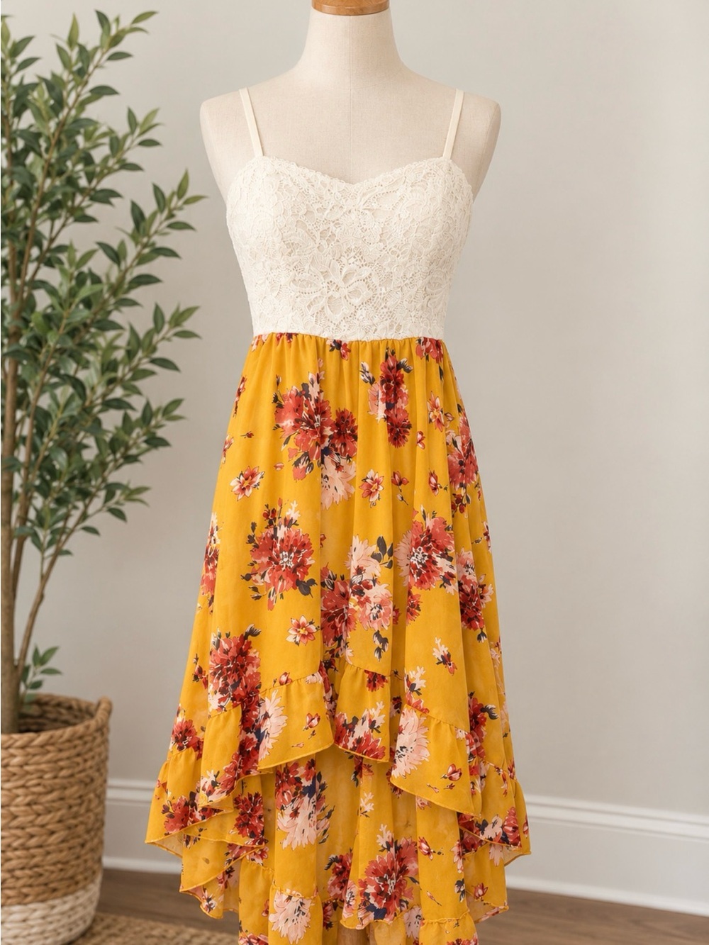AUW Mustard Floral High-Low Dress with Cream Lace Bodice